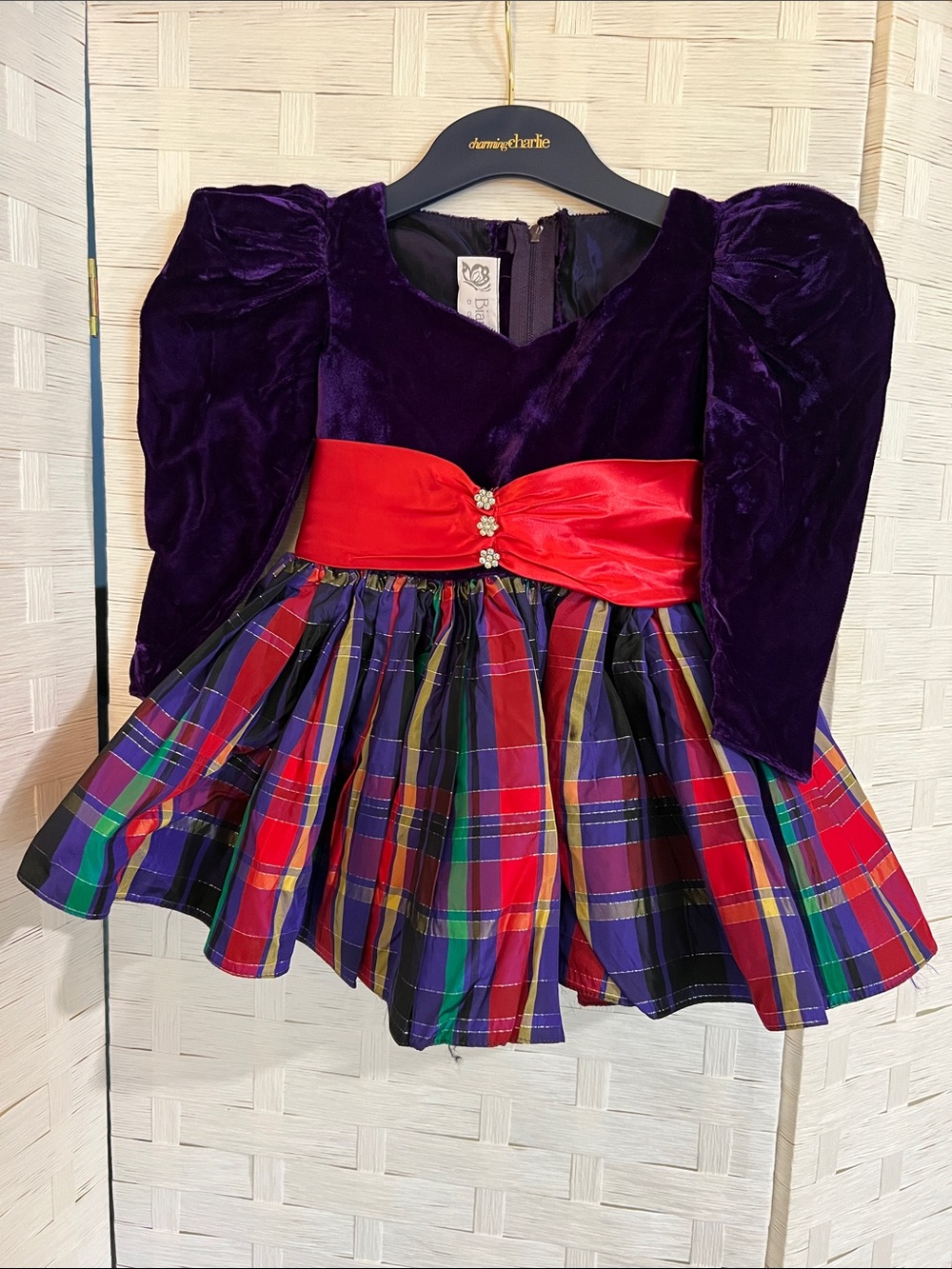 Holiday Velvet & Plaid Dress with Red Sash - Kids Costume
